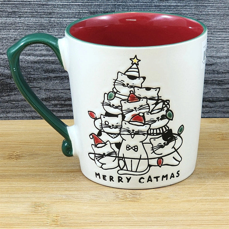 Load image into Gallery viewer, Christmas Cats in Santa Hats Tree Mug Blue Sky Ceramic Red Cup Holiday 18oz
