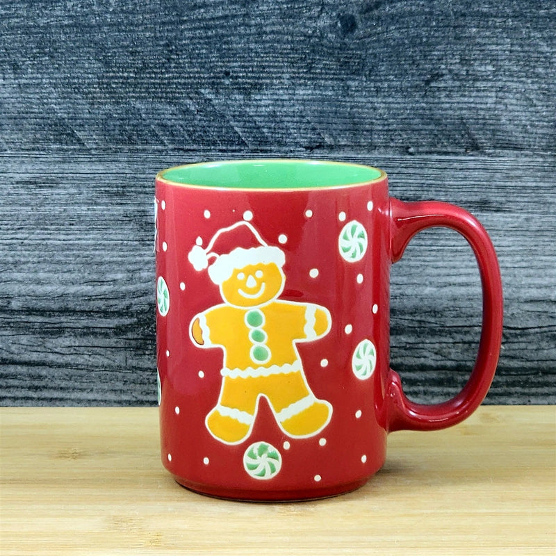 Load image into Gallery viewer, Holiday Gingerbread Christmas Coffee Mug Ceramic Cup Red Green 18oz Blue Sky
