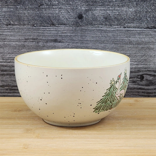 Flamingo Christmas Tree Bowl Server Soup Cereal 6 inch Ceramic Dish Blue Sky