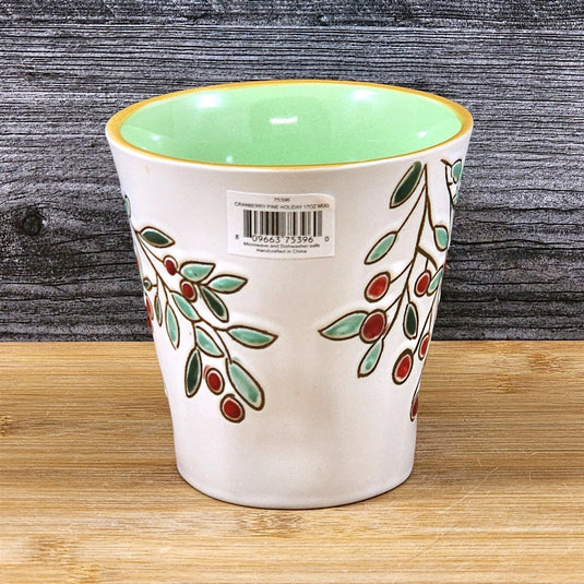 Holiday Cranberry Pine Coffee Mug Green Embossed Christmas Cup Blue Sky 17oz