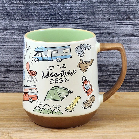 Camping Lover Coffee Mug Camper Tent Embossed Tea Cup Ceramic Blue Sky 18oz