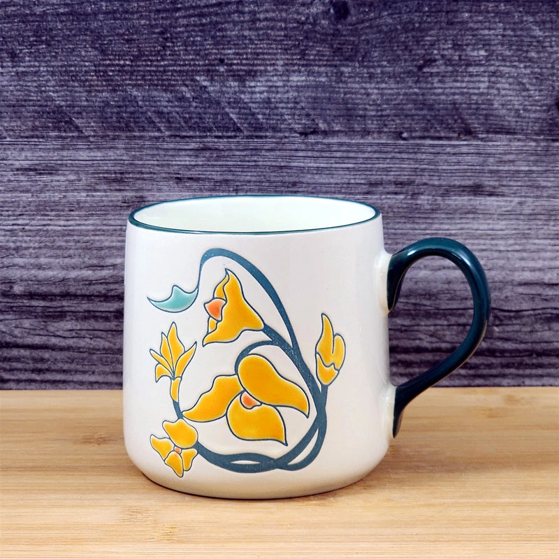 Load image into Gallery viewer, Daffodil Coffee Mug Yellow White Floral Embossed Ceramic Tea Cup Blue Sky 18 oz
