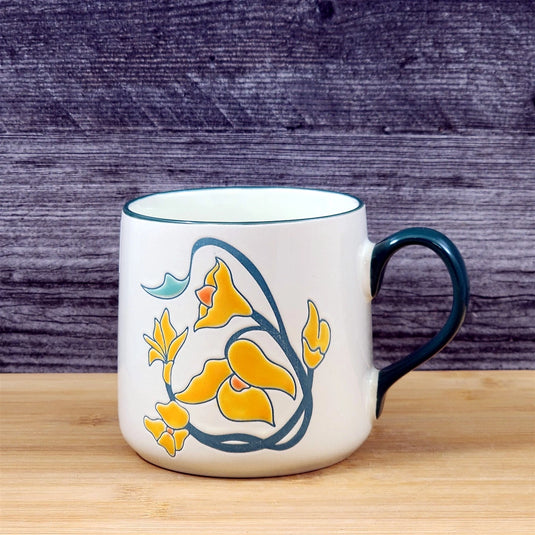 Daffodil Coffee Mug Yellow White Floral Embossed Ceramic Tea Cup Blue Sky 18 oz