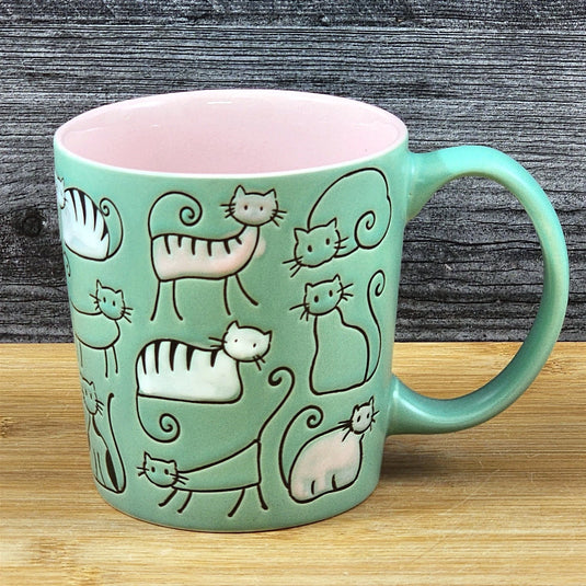 Cat Lover Coffee Mug Pastel Pink Green Embossed Ceramic Tea Cup Blue Sky 18oz