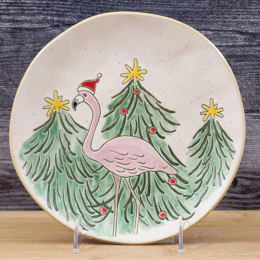 Pink Flamingo Salad Plate Whimsical Christmas Tree Holiday Ceramic Blue Sky 8