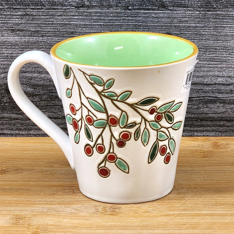 Load image into Gallery viewer, Holiday Cranberry Pine Coffee Mug Green Embossed Christmas Cup Blue Sky 17oz
