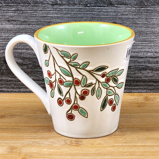 Holiday Cranberry Pine Coffee Mug Green Embossed Christmas Cup Blue Sky 17oz