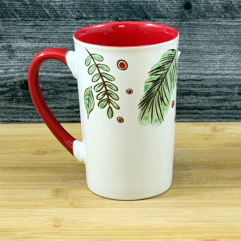 Load image into Gallery viewer, Coffee Mug Christmas Pine Berry Holiday Red Embossed Cup Ceramic Blue Sky 17oz
