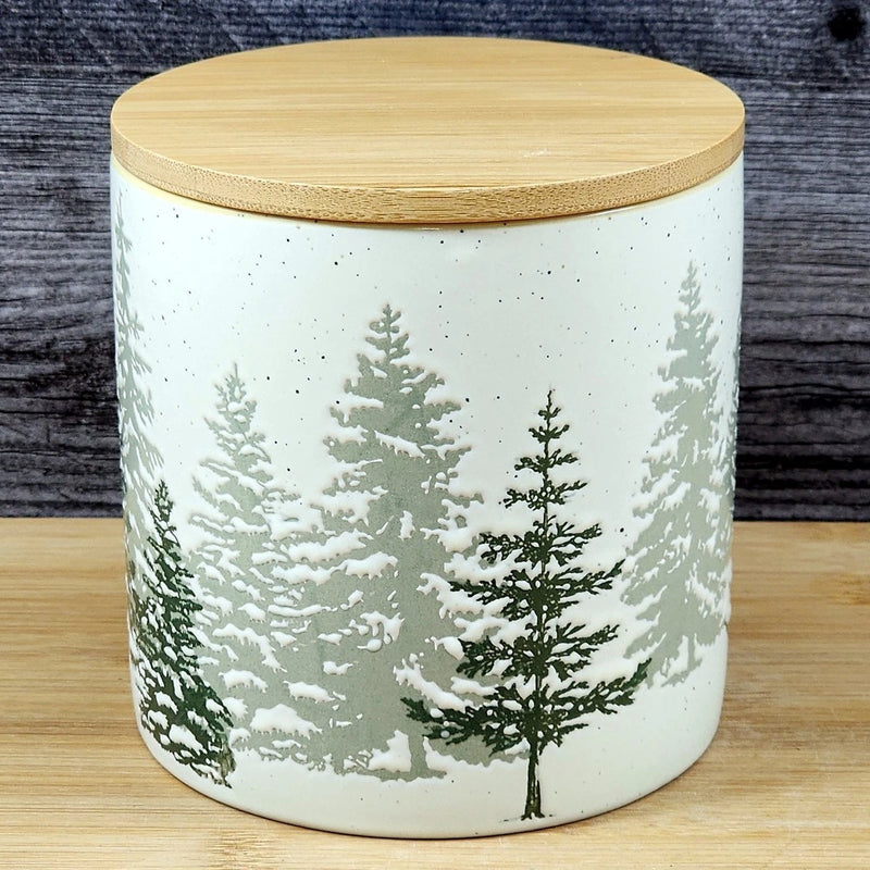 Load image into Gallery viewer, Forest Woods Tree's Canister &amp; Bamboo Lid Embossed Ceramic Green Jar Blue Sky 5"
