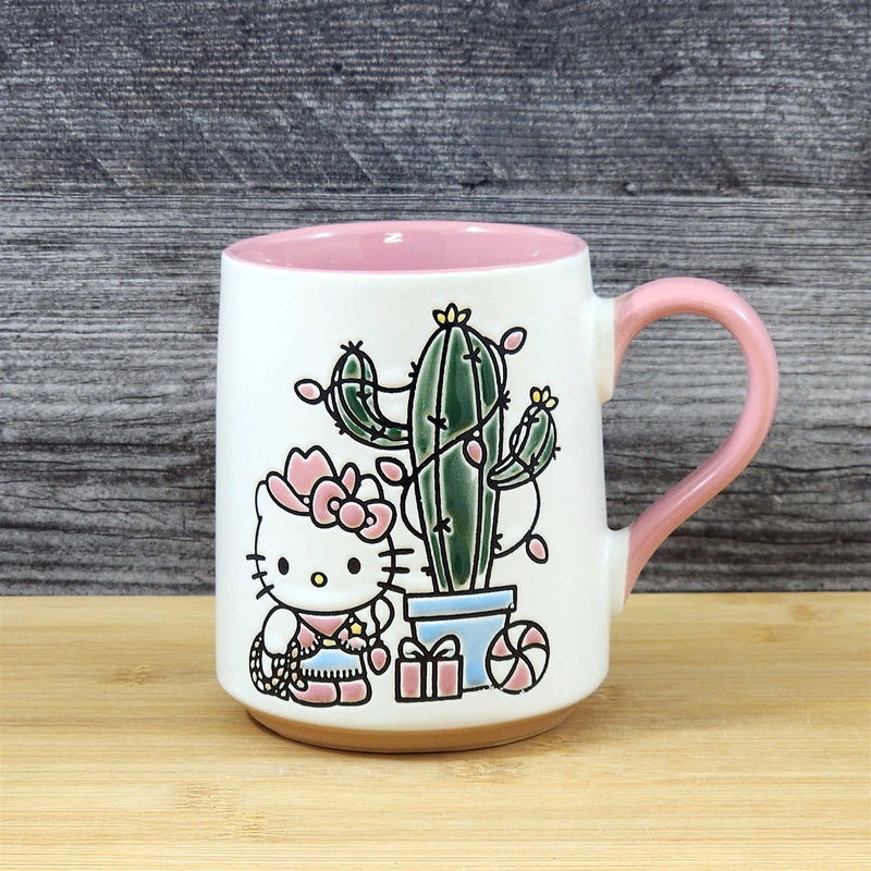 Load image into Gallery viewer, Hello Kitty Holiday Cactus Coffee Mug Ceramic Pink Tea Cup Blue Sky Embossed
