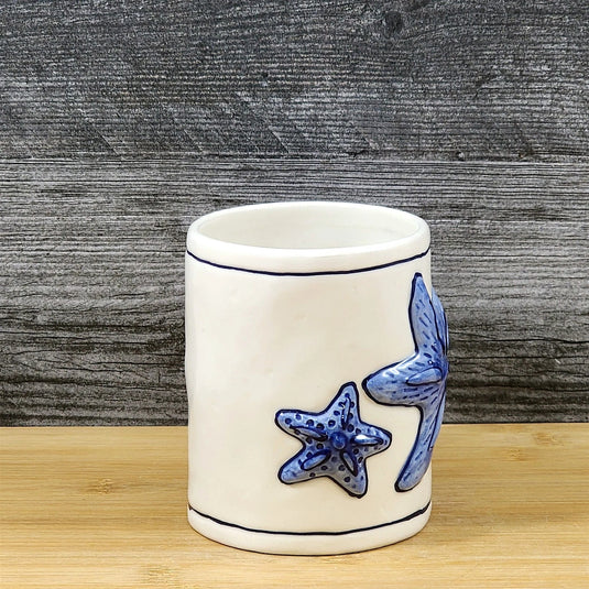Magic Sea Star Fish Cobalt Coffee Mug Embossed Nautical Tea Cup Ceramic Blue Sky
