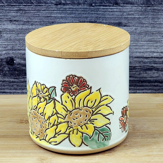 Brandywine Sunflower Canister & Bamboo Lid Embossed 4" Ceramic Jar Blue Sky