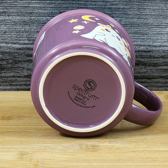Whimsical Ghost Mug Halloween Ceramic Coffee Tea Cup Orange Purple Blue Sky 17oz