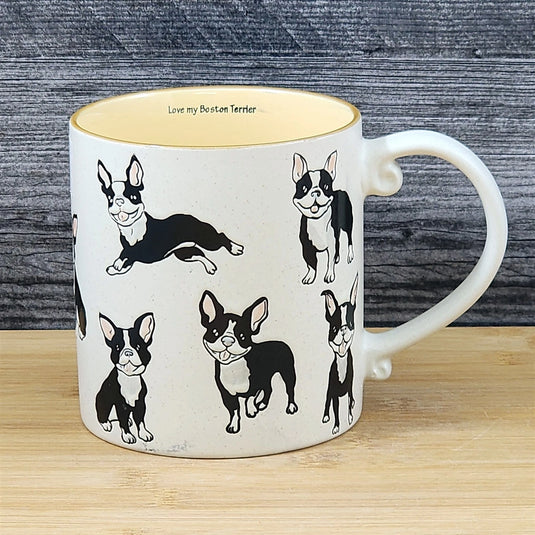 Coffee Mug Boston Terrier Boxwood Bull Dog Breed Ceramic Tea Cup Blue Sky 21oz