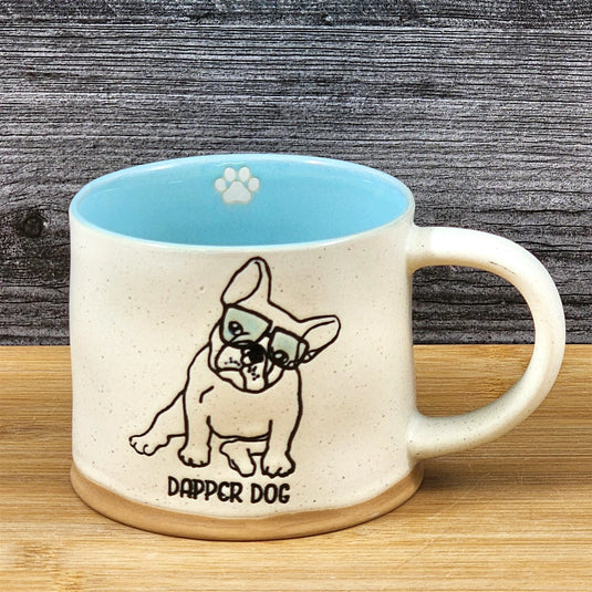 French Bulldog Coffee Tea Cup Dapper Dog Mug Blue Sky Ceramic Embossed 17 oz