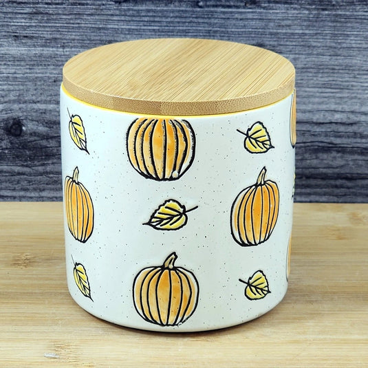 Fall Pumpkin Canister & Bamboo Lid Embossed 4" Ceramic Yellow Jar Blue Sky