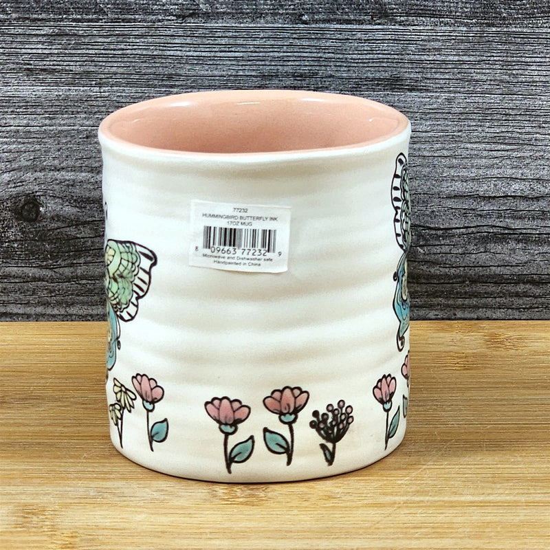 Load image into Gallery viewer, Butterfly Coffee Mug Floral Monarch Embossed Pink Ceramic Tea Cup Blue Sky 17oz

