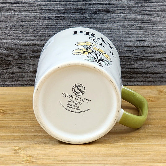 Religious Pray on it Coffee Mug Floral Yellow Green Embossed 18 oz Cup Blue Sky