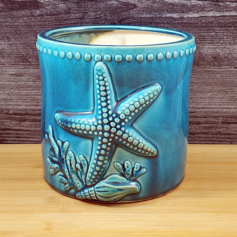 Load image into Gallery viewer, Star Fish Shells Planter Ceramic Utensil Organizer Herb Succulent Blue Sky 6.5in
