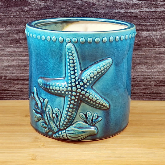 Star Fish Shells Planter Ceramic Utensil Organizer Herb Succulent Blue Sky 6.5in