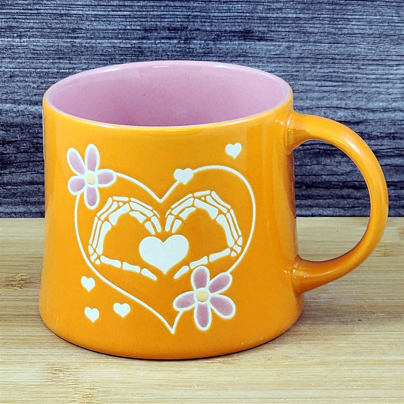 Load image into Gallery viewer, Skeleton Hands Heart Coffee Mug Halloween Orange Ceramic Cup by Blue Sky 18oz
