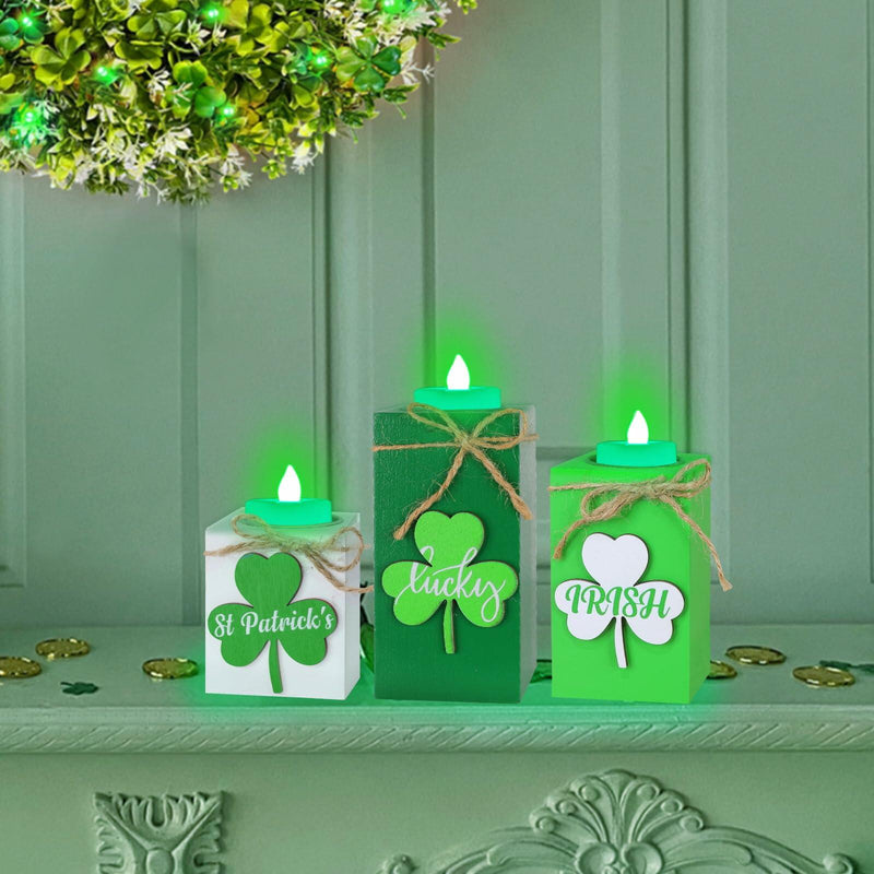 Load image into Gallery viewer, 3 Pack St. Patrick's Day Flameless Tea Light Candles Shamrock Design Green
