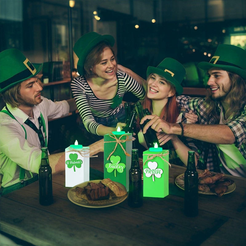 Load image into Gallery viewer, 3 Pack St. Patrick's Day Flameless Tea Light Candles Shamrock Design Green
