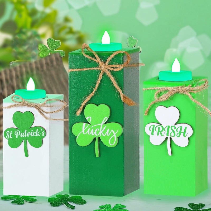 Load image into Gallery viewer, 3 Pack St. Patrick's Day Flameless Tea Light Candles Shamrock Design Green
