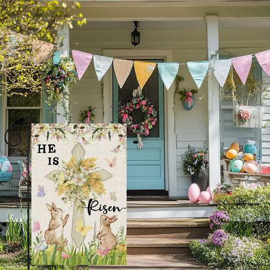 Easter Watercolor Cross Bunny Garden Flag 12x18 Inch Double Sided