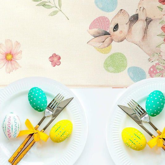 Easter Table Runner 13x72 Inch Pastel Rabbit Eggs Polyester