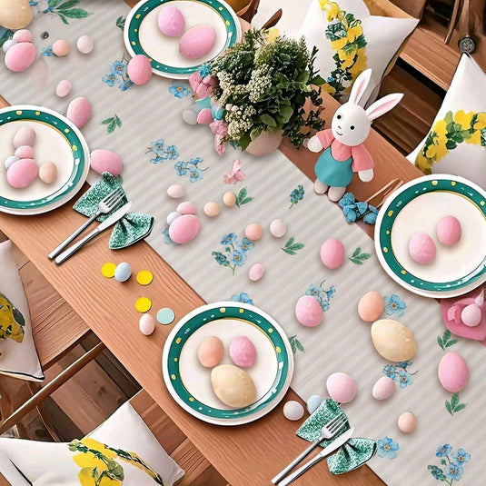 Easter Table Runner 13x72in Blue Bunny Floral Spring Decor