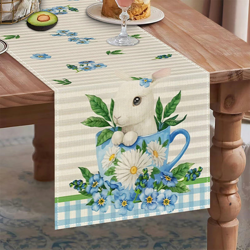 Load image into Gallery viewer, Easter Table Runner 13x72in Blue Bunny Floral Spring Decor
