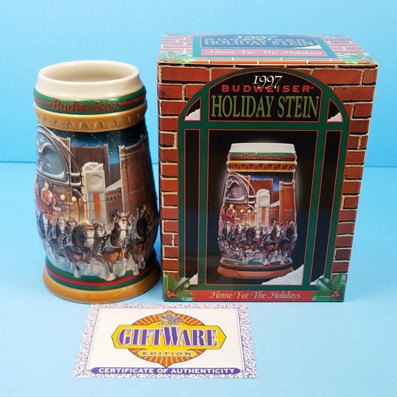 Load image into Gallery viewer, Budweiser Holiday 1997 Mug Stein CS313 Home For The Holidays Ceramarte COA
