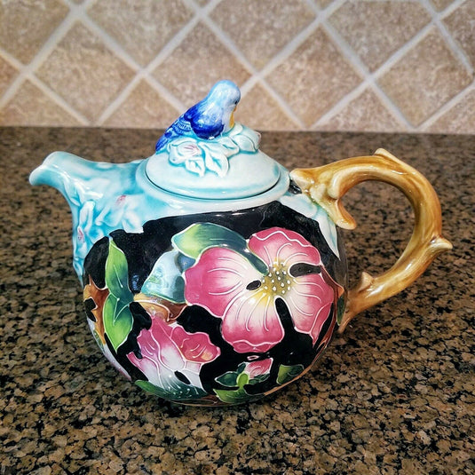 Dogwood Teapot Ceramic Decorative Collectable Kitchen Décor Blue Sky Goldminic