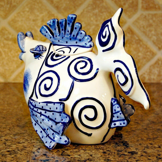 Blue Ocean Fish Teapot Collectible Decorative Home Décor Blue Sky Clayworks