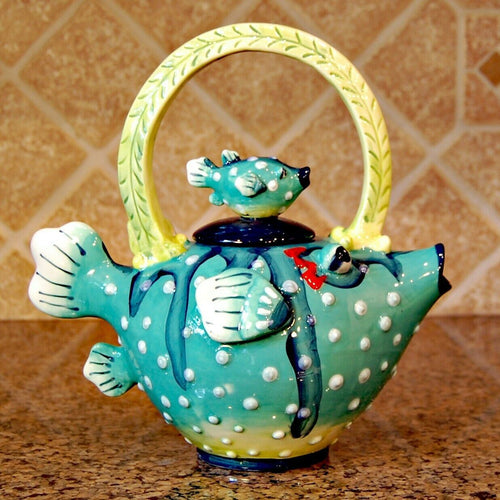 Puffer Fish Teapot Collectible Decorative Kitchen Home Décor Blue Sky Clayworks