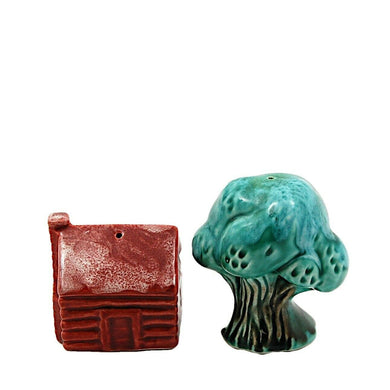 Log Cabin and Tree Salt and Pepper Shakers Red and Green Ceramic