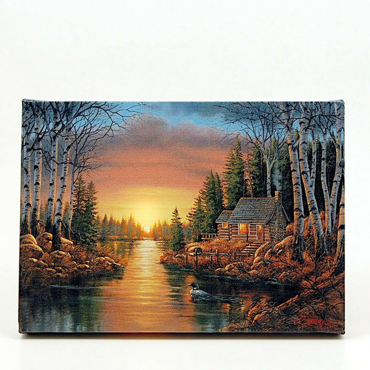 Cabin On River in Woods LED Light Up Lighted Canvas Wall or Tabletop Picture Art