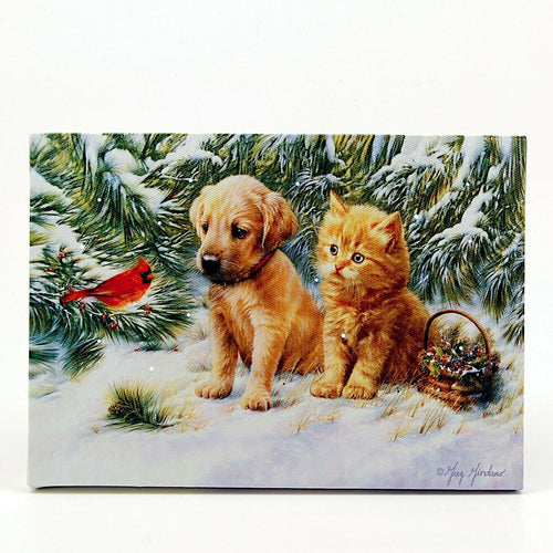 LED Lit Tabletop Picture Art Dog Cat and Cardinal Winter Scene by Greg Giordano