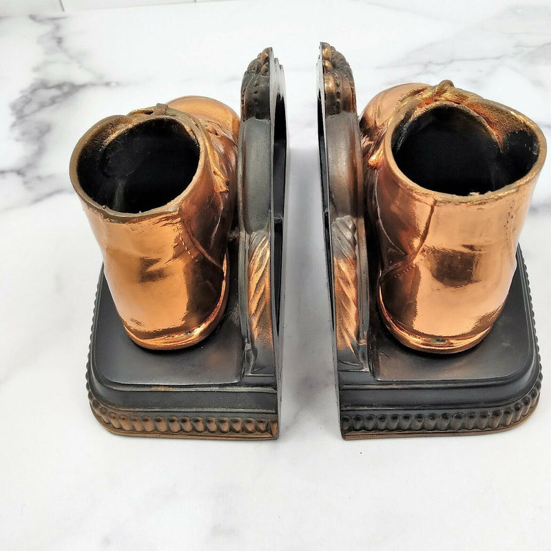 Load image into Gallery viewer, Baby Shoe Bookends Vintage Bronzed Metal Copper Dipped Pair Child Toddler Bootie
