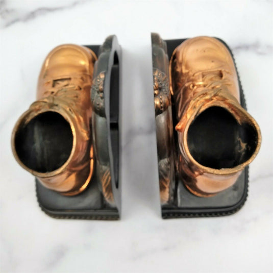 Baby Shoe Bookends Vintage Bronzed Metal Copper Dipped Pair Child Toddler Bootie