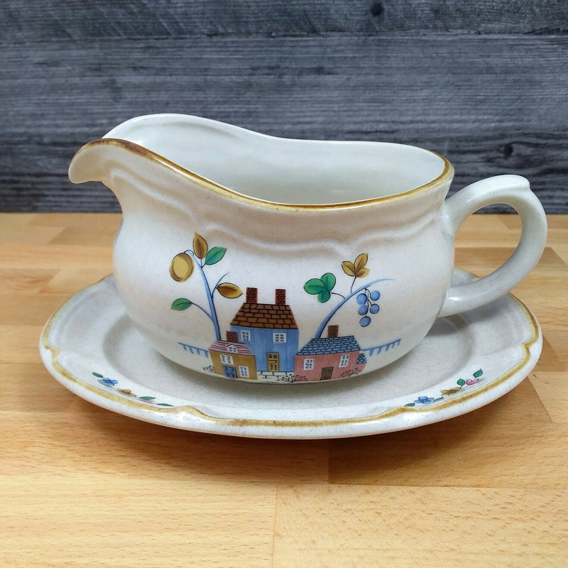 Load image into Gallery viewer, Heartland International China Gravy Boat and Under Plate Farm Scene Set Tan Trim
