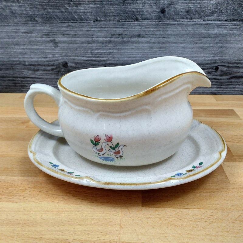 Load image into Gallery viewer, Heartland International China Gravy Boat and Under Plate Farm Scene Set Tan Trim
