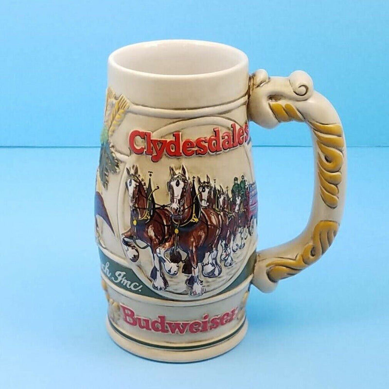 Load image into Gallery viewer, Budweiser Beer Holiday Christmas Stein 1983 Mug Clydesdales Wheatland Ceramarte

