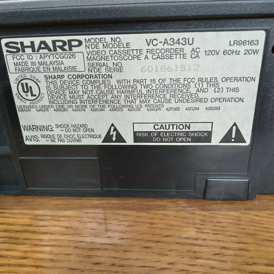 Sharp VCR VC-A343U VHS HQ VCR Player Recorder High Speed Rewind - Works Great