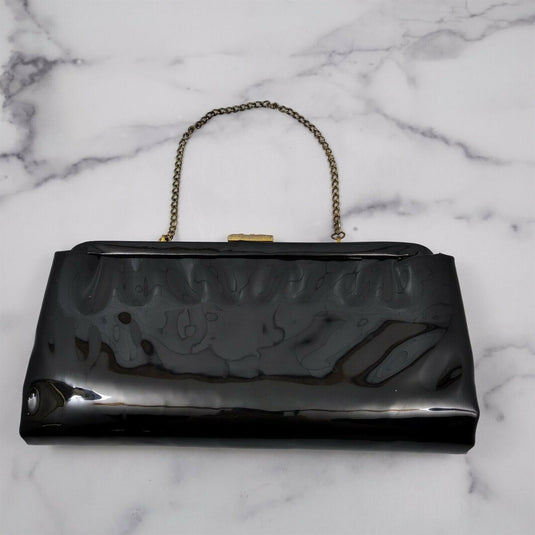 Vintage Ladies Cocktail Evening Handbag Purse Glossy Black Hand Clutch and Chain
