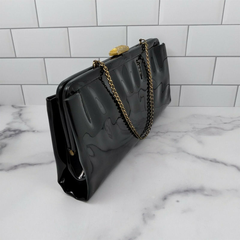 Load image into Gallery viewer, Vintage Ladies Cocktail Evening Handbag Purse Glossy Black Hand Clutch and Chain
