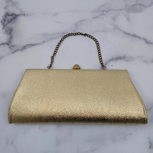 Vintage Ladies Cocktail Evening Handbag Purse Gold Tone Hand Clutch with Chain