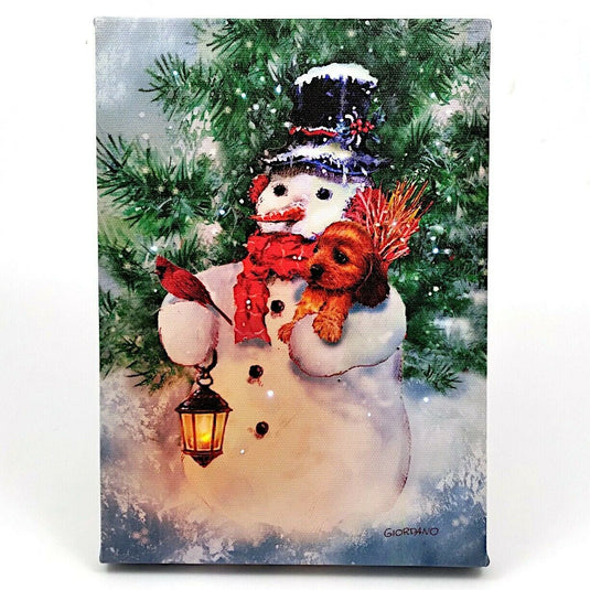 LED Lit Tabletop Picture Art of Snowman with Puppy Winter Scene by Giodano