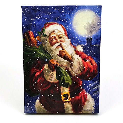 LED Lit Tabletop Picture Art of Santa Claus Winter Scene Kris Kringle with Pack